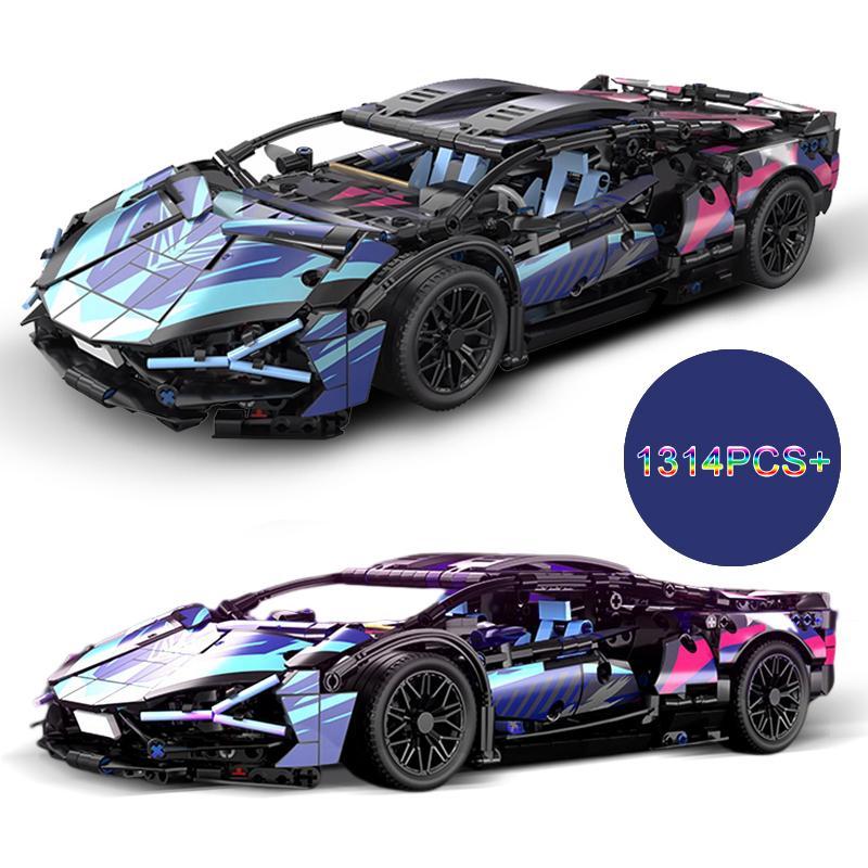 Cyberpunk Style Purple Racing Car Building Blocks Set, 1314pcs set MOC Assembly DIY Sports Car Model Kit, Creative Fun Toy