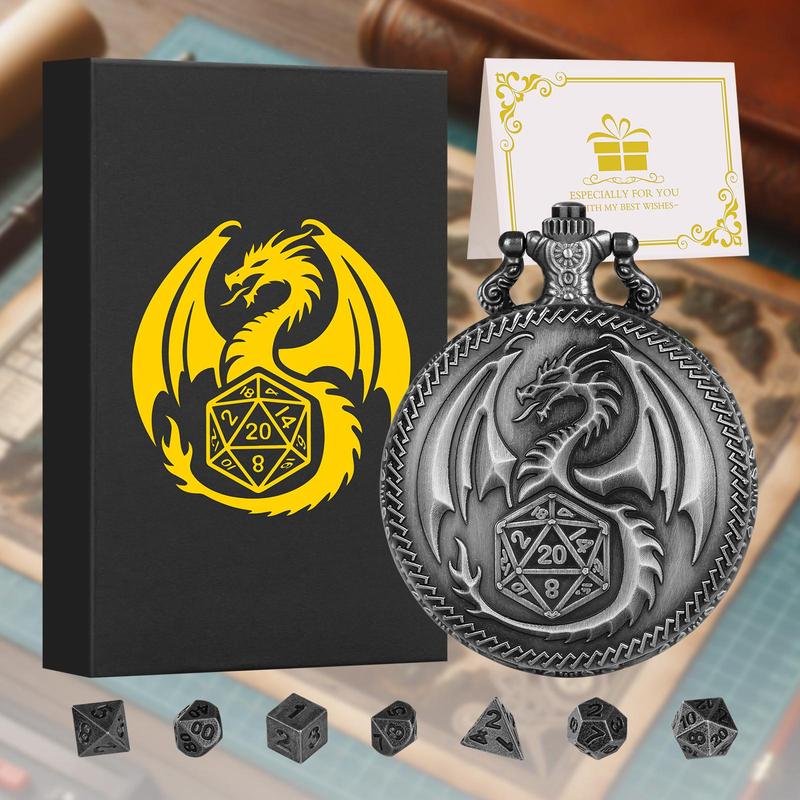 Dragon Pattern Pocket Watch & Dice Set, Including 1 Count Watch & 7 Counts Dice for Games, Role Playing Board Games Accessories