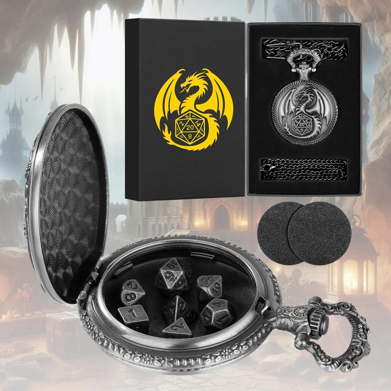 Dragon Pattern Pocket Watch & Dice Set, Including 1 Count Watch & 7 Counts Dice for Games, Role Playing Board Games Accessories