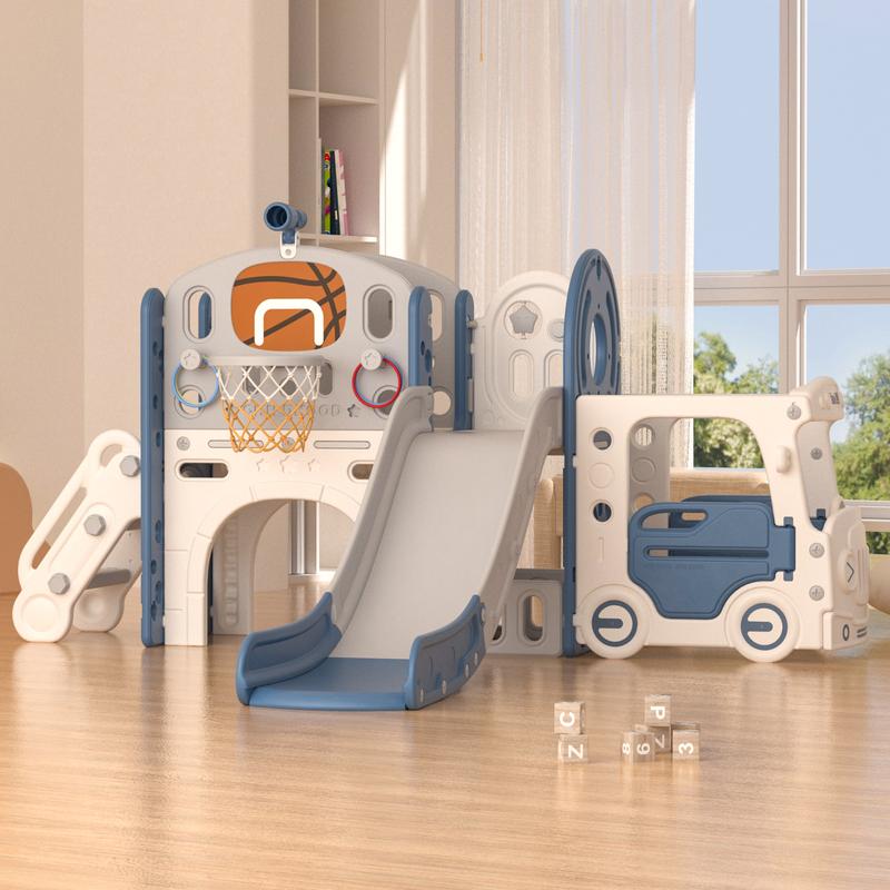 KORIMEFA 10-in-1 Kids Slide Set Activity Playset Freestanding Climber Playset with Basketball Hoop and Ball Versatile Playset for Kids Age 3+