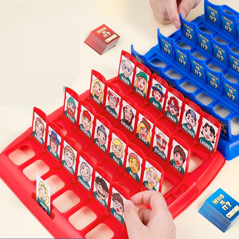 Guess who I am. Board game toys, children, parents and friends, interactive card head