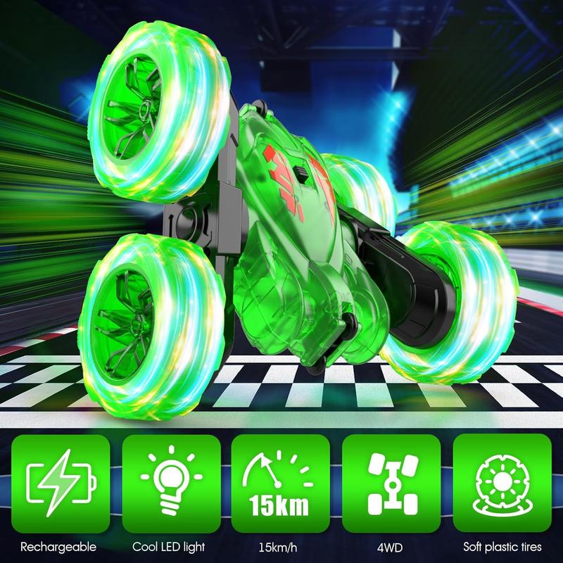 Remote Control Car-Rechargeable Fast Direct Charging RC Cars For Kids with Colorful Light,Double-Sided 360 Rotating RC Stunt Car 4WD RC Truck Car Toys for Ages 5-7 Gift for Boys Girls Aged 8-12 Green
