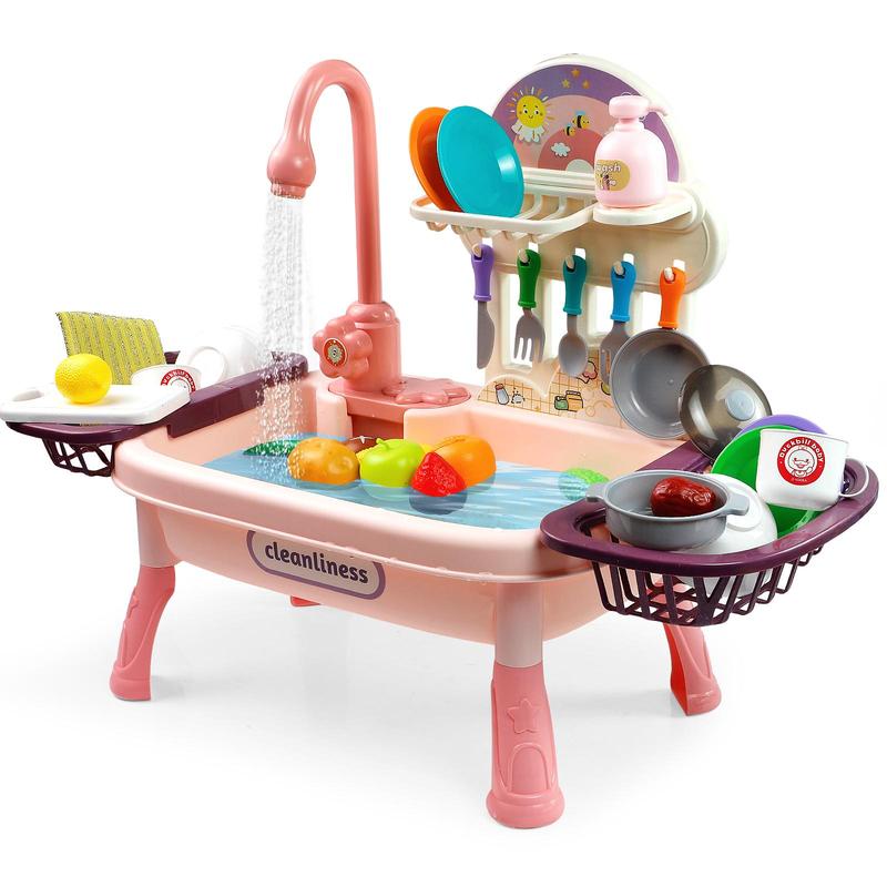 Play Kitchen Sink Toy Set with Running Water, Interactive Pretend Play Dishes, Realistic Role Play Kitchen Accessories, Toys for Kids