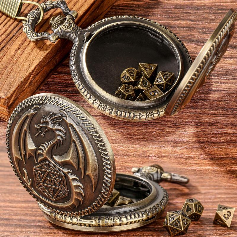 Dragon Pattern Pocket Watch & Dice Set, Including 1 Count Watch & 7 Counts Dice for Games, Role Playing Board Games Accessories