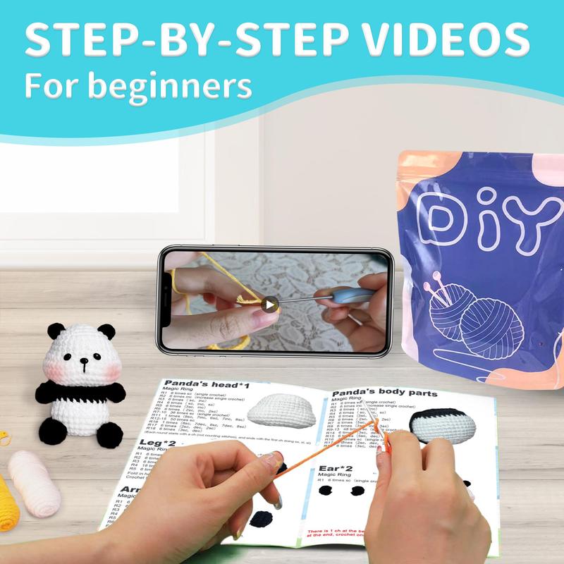 Panda Crochet Material Package, 1 Set Cute Crochet Stuffed Animal Kit, Beginner Crochet Kits, Crochet Animal Kit for Beginners Include Videos Tutorials, Yarn, Seam Markers, and Instructions