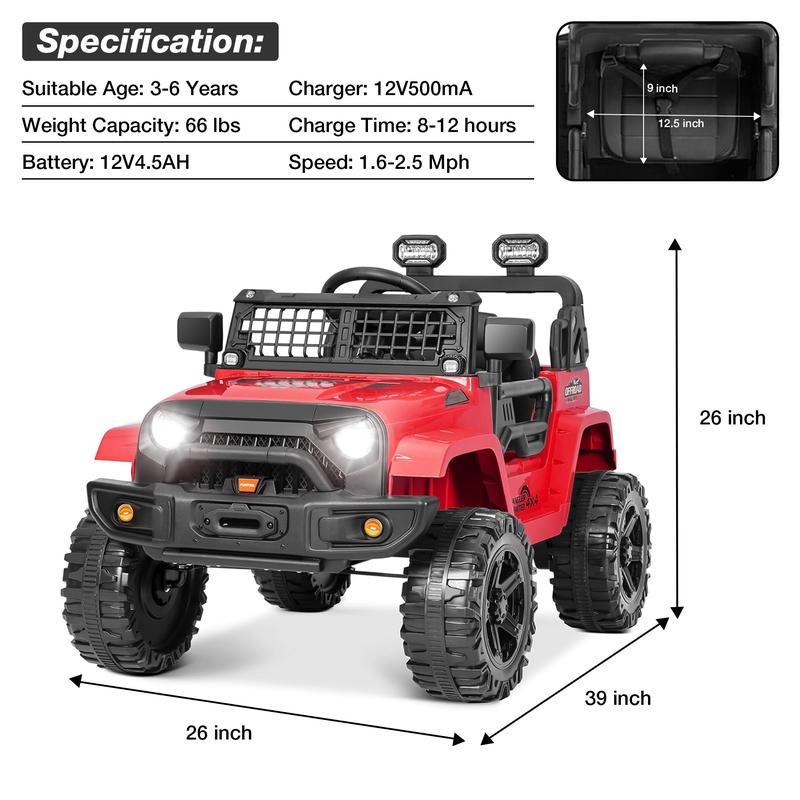 FUNTOK 12V Kids Electric Ride On Car Jeep with Remote Control 3 Speeds, LED Lights, Radio, AUX USB MP3 Music, Openable Doors & Suspension, Electric Car Vehicle for Toddlers & Kids