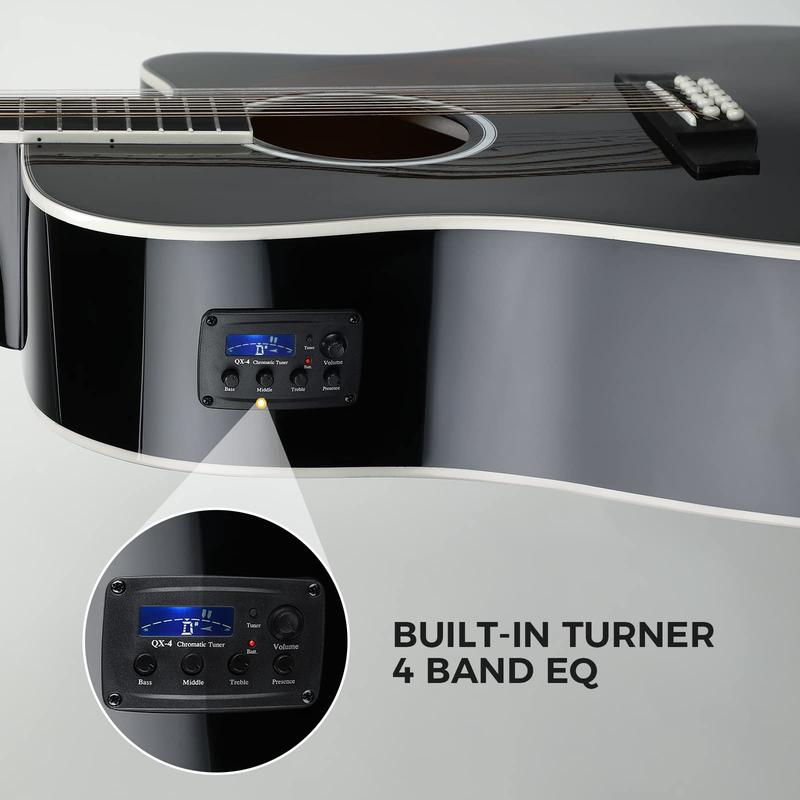Asmuse 42” Acoustic Electric Guitar, 12 String Full Size Acoustic Guitar Bundle with 4-Band EQ, Gig Bag, Tuner, Picks, Shoulder Strap (Black)