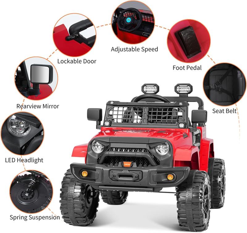 FUNTOK 12V Kids Electric Ride On Car Jeep with Remote Control 3 Speeds, LED Lights, Radio, AUX USB MP3 Music, Openable Doors & Suspension, Electric Car Vehicle for Toddlers & Kids