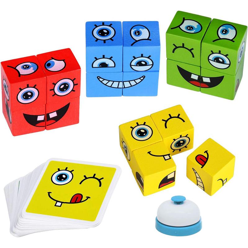 Wooden Face Changing Magic Cube Building Blocks Game Matching Expression Puzzle Toy Board Games for Family Night, Match Puzzles Geometric Educational Toys for Kids and Adults (16 Blocks+ 64 Cards + 1Bell)