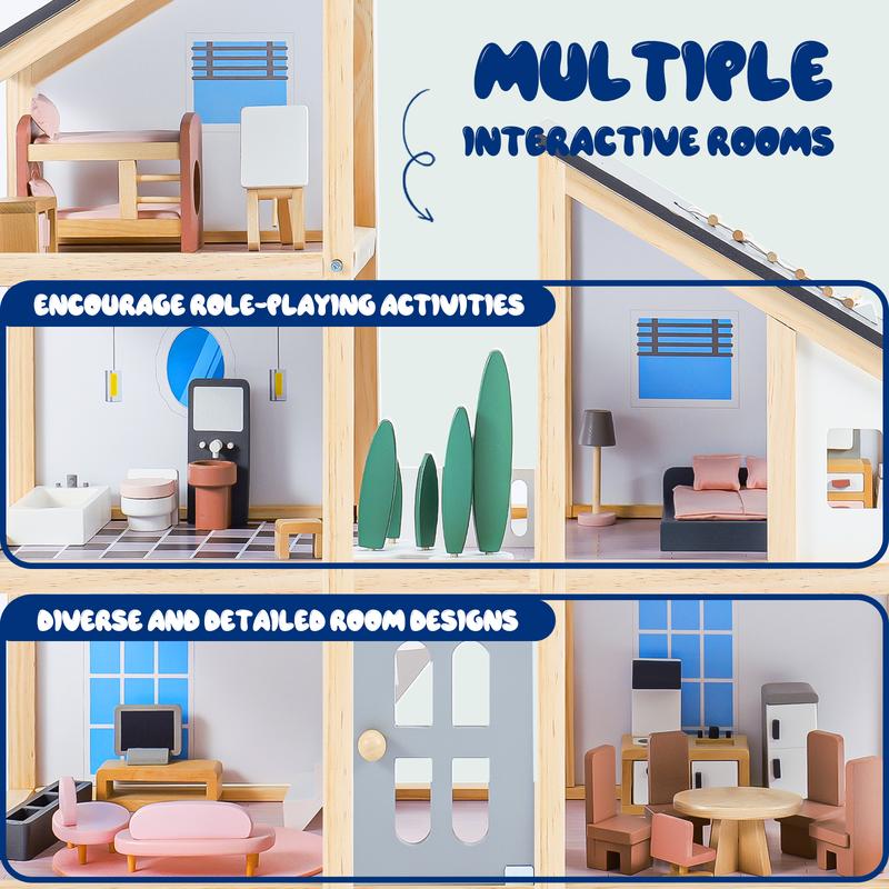 Joylike Wooden  Doll House, With Wooden Furniture, All Wooden Play House.