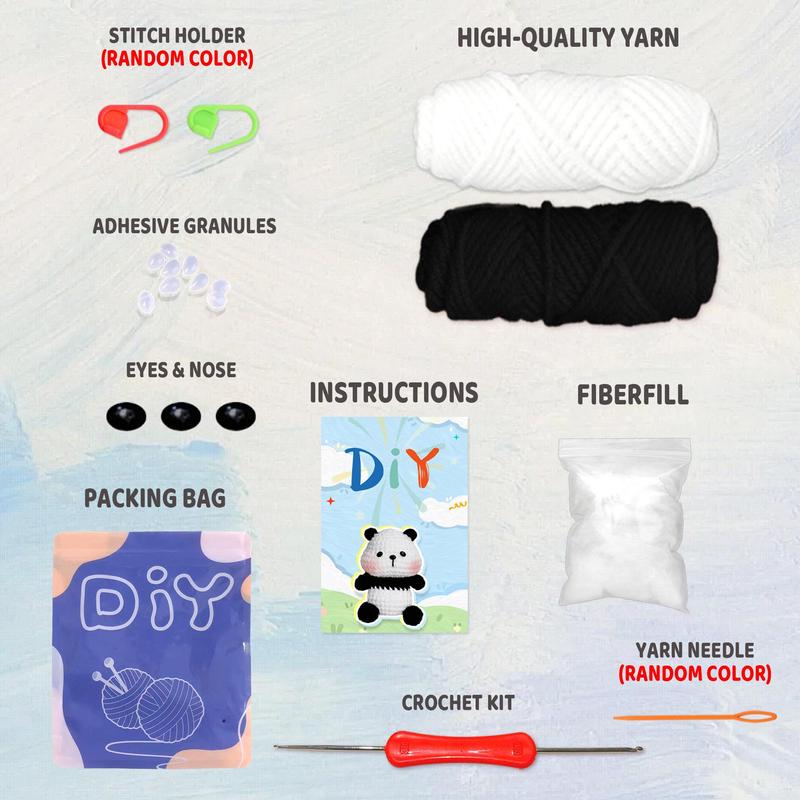 Panda Crochet Material Package, 1 Set Cute Crochet Stuffed Animal Kit, Beginner Crochet Kits, Crochet Animal Kit for Beginners Include Videos Tutorials, Yarn, Seam Markers, and Instructions