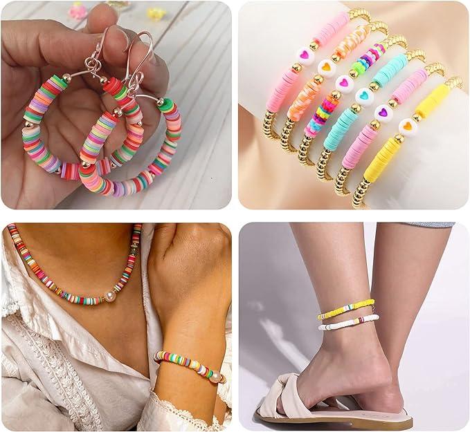 Clay Beads for Jewelry Making Bracelet Kit,Flat Round Polymer Heishi Clay Beads with Pendant and Jump Rings Letter Beads for Bracelets Necklace Earring DIY Craft-24 Colors 6mm