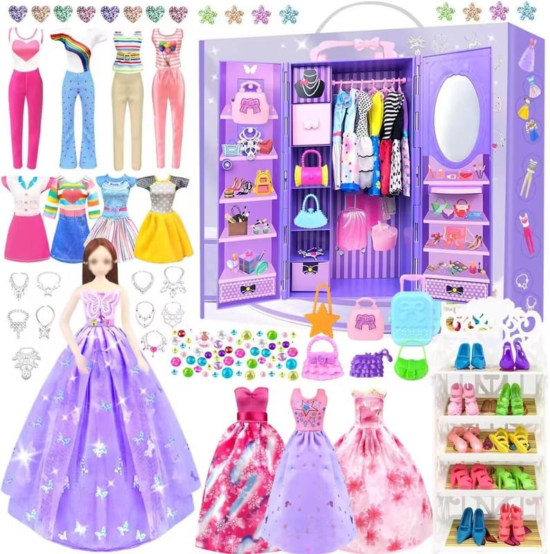 Christmas gift 75Pcs Doll Clothes and Accessories with Doll Closet for 11.5 Inch Doll Dress up Set with 1 Doll Fashion Dresses Outfits Tops and Pants Shoe Rack Bags Gift Toy for Girls 4 5 6 7 8 9 10 Years