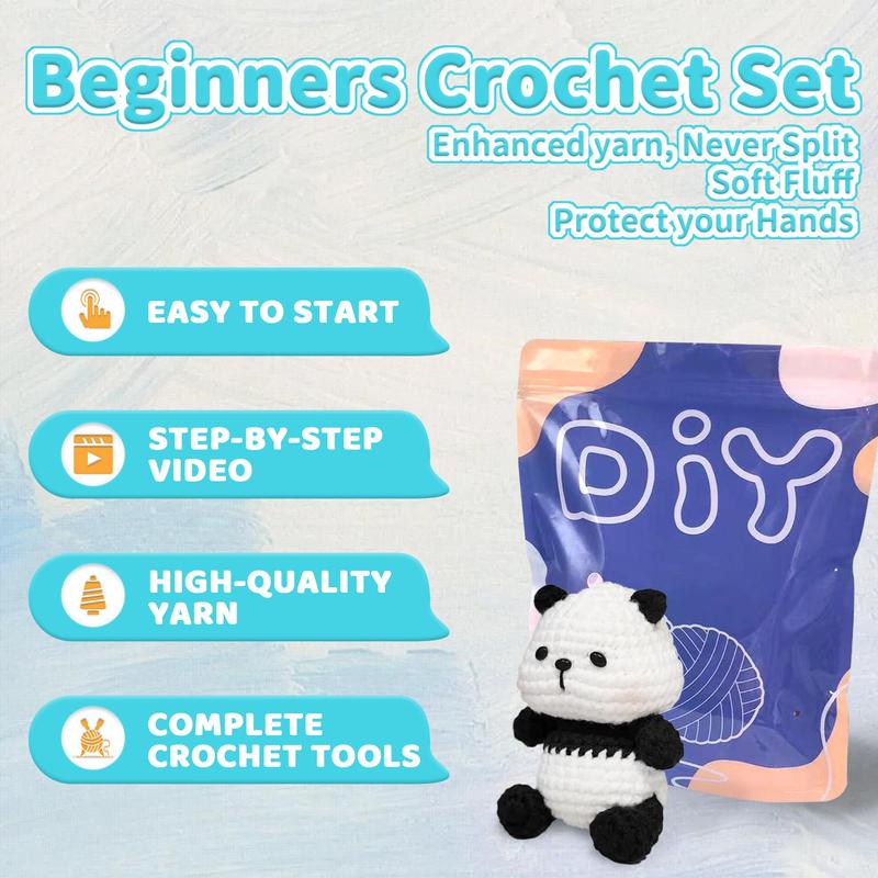 Panda Crochet Material Package, 1 Set Cute Crochet Stuffed Animal Kit, Beginner Crochet Kits, Crochet Animal Kit for Beginners Include Videos Tutorials, Yarn, Seam Markers, and Instructions