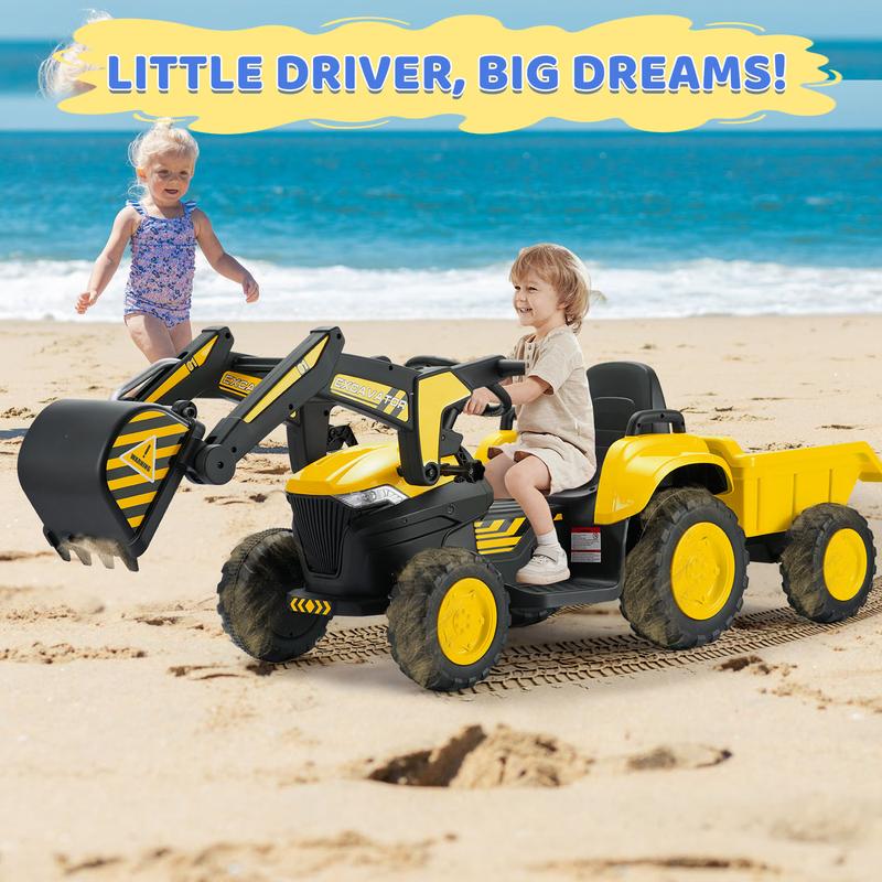 EROMMY 12V Ride-On Excavator & Bulldozer, Dual Mode with Parental Remote, Toy cars, Toy Vehicle with LED Lights, Music, Safety Belt, All-Terrain Wheels – Red, Yellow, Blue, Green