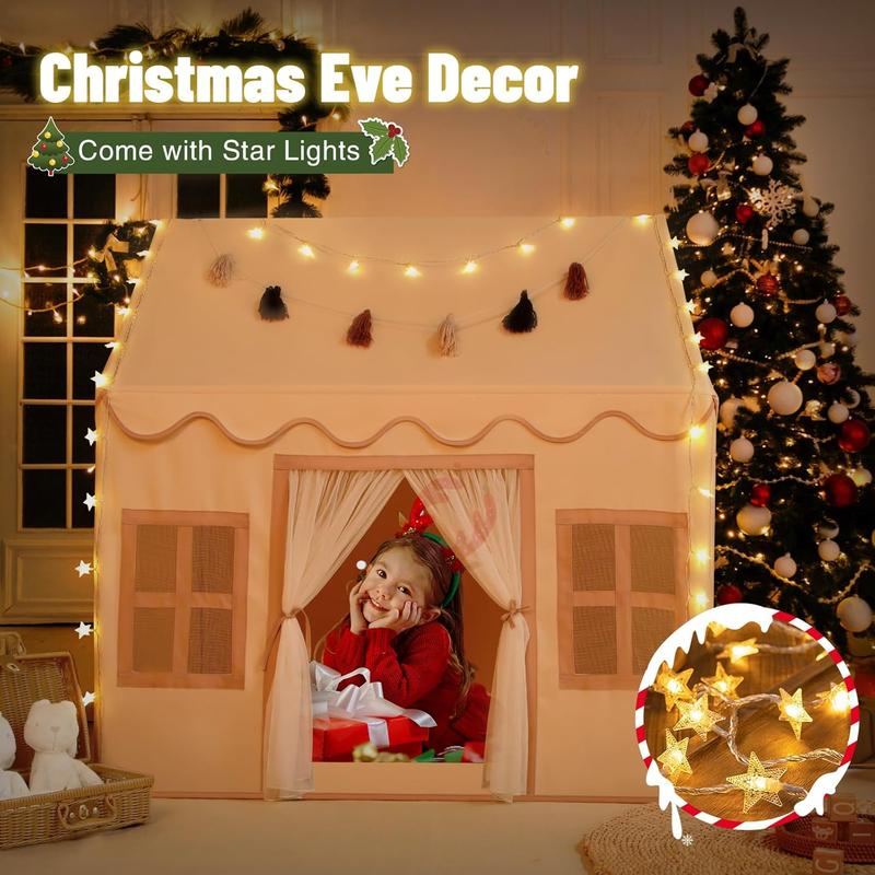 Christmas gift Kids Indoor Play Tent with Mat, Tassel Garland & Star Lights - Toddler Playhouse for Boys & Girls, Perfect Birthday Gift