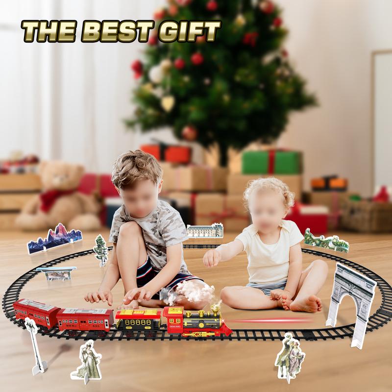 Christmas Train Set - Train Toys for Boys w  Smokes, Lights & Sound, Toy Train w Steam Locomotive, Cargo Car and Long Track, Train Carriages & Tracks, Kids Model Trains, Birthday Gifts Festival Home Decoration Christmas