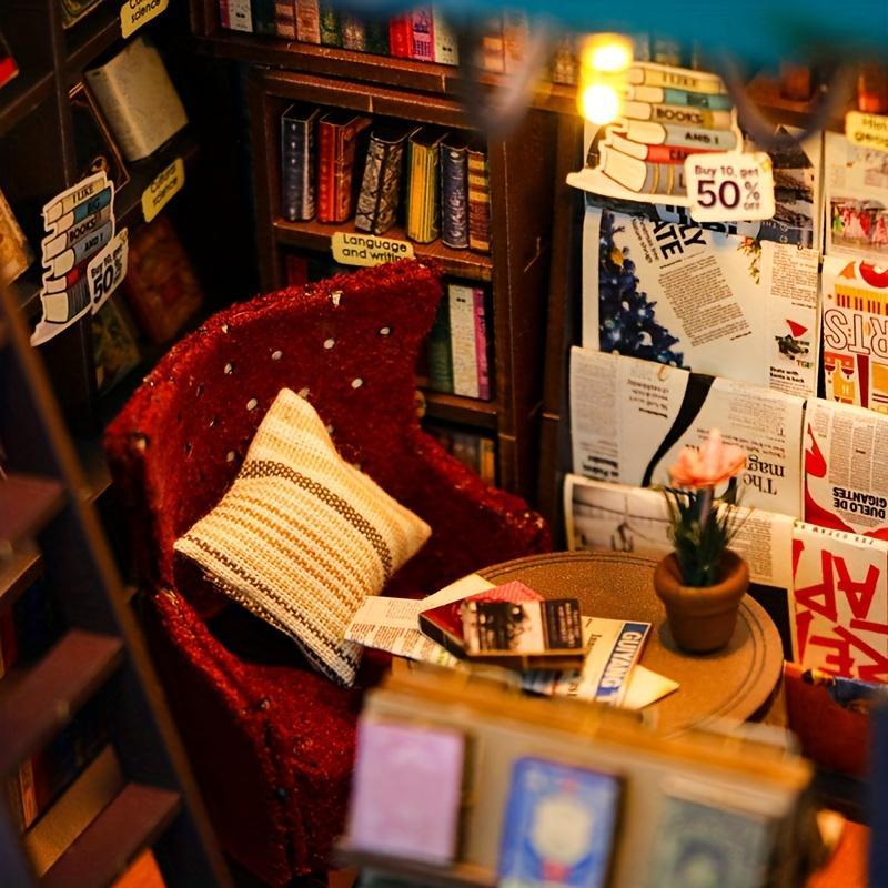 DIY Book Nook Kit, Miniature Bookstore Assemble Model Kit with Light Effect, Home Decor Micro Model, Perfect Gift for Teenagers and Adults