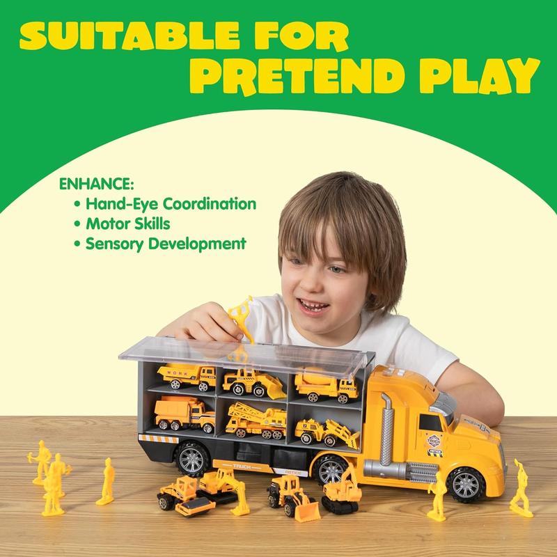  25 in 1 Construction Truck Vehicle Toy Set, Play Vehicles Set with Sounds and Lights in Carrier Truck, Push and Go Vehicle Car Toy, Kids Birthday Gifts for Over 3 Years Old Boys