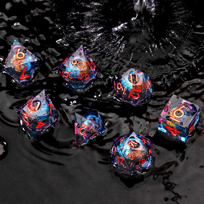 Cat Eye Liquid Core Sharp Edge Handmade Dice Set for Dungeons and Dragons Ttrpg, Multi-Sided RPG Polyhedral Resin Roleplaying