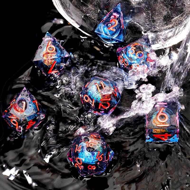 Cat Eye Liquid Core Sharp Edge Handmade Dice Set for Dungeons and Dragons Ttrpg, Multi-Sided RPG Polyhedral Resin Roleplaying