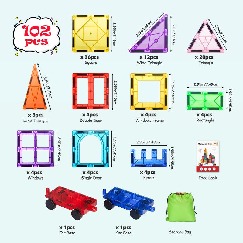 102PCS Magnetic Tiles Set with 2 Cars, Magnetic Building Tiles for Kids Age 4-8 3-5, Toddler STEM Magnet Blocks, Kids Toys Birthday for 3 4 5 6 Year Old