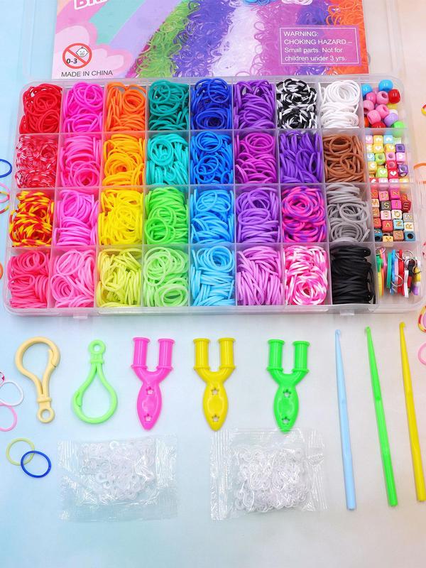 Random Style Rainbow Color Loom Bands Kit, Cute Cartoon Animal & Fruit & Snowflake Charm, Rubber Bands for Bracelet Making Kit, Creativity Birthday Gift Ideal