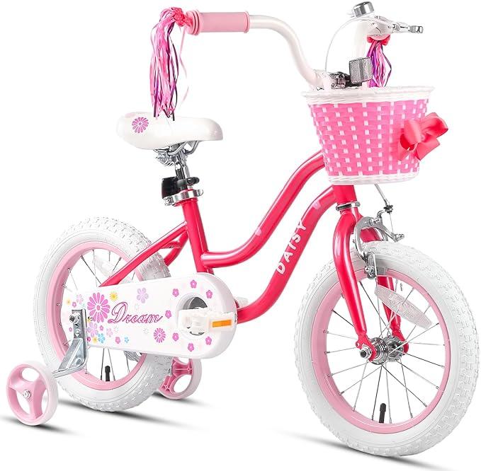 Glerc Daisy 12 14 16 Inch Girl Princess Style Bike for 3-7 Years Old with Training Wheels & Basket & Streamers, Multiple Colors