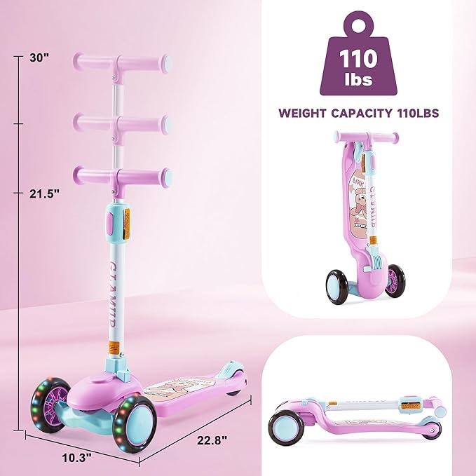 GLAMUP Kick Scooter for Kids Ages 2-6 with Adjustable Height Handlebar, LED Light, 3 Wheel Design - Perfect for Outdoor Play