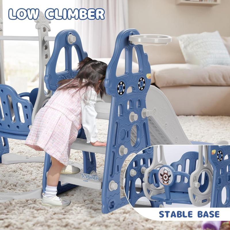 Rengue 4 in 1 Toddler Swing and Slide Set for Age 1-6 Indoor Playground for Children Baby Swing Set with Slide, Climber, Basketball Hoop and Long Slide for Boys and Girls Blue Toddler Indoor