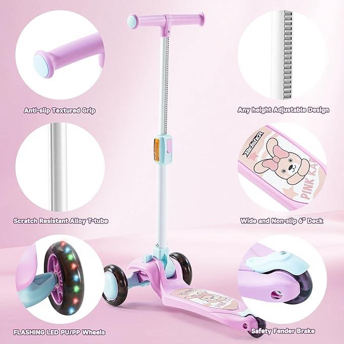 GLAMUP Kick Scooter for Kids Ages 2-6 with Adjustable Height Handlebar, LED Light, 3 Wheel Design - Perfect for Outdoor Play