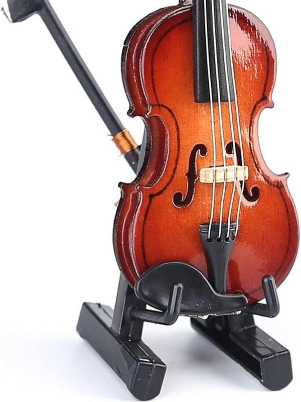 Wooden Miniature Violin with Stand Bow and Case Mini Musical Instrument Miniature Dollhouse Model Home Decoration (3.15