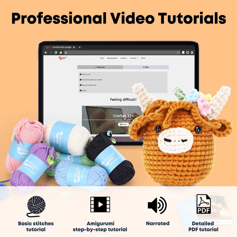 Crochet Kit for Beginners, 1 Set Cute Plateau Cattle Crochet Kit with Step-by-Step Instructions and Video Tutorials, Complete Crochet Starter Kit for Birthdays Gift