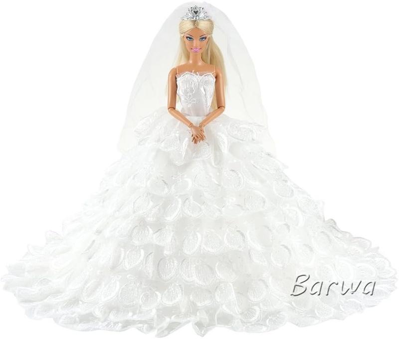 BARWA Wedding Dress Princess Evening Party White Dress Gown with Veil for 11.5 inch Dolls
