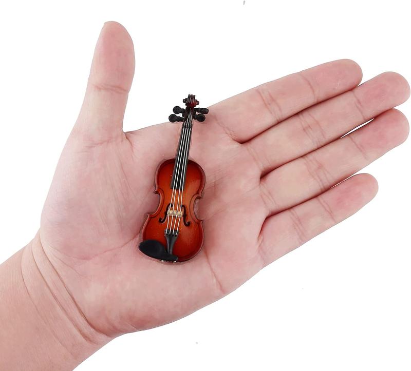 Wooden Miniature Violin with Stand Bow and Case Mini Musical Instrument Miniature Dollhouse Model Home Decoration (3.15