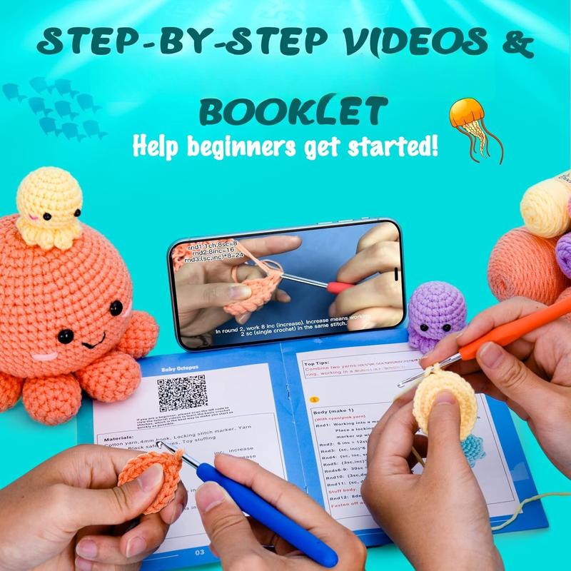 Crochet Kit for Beginners, Amigurumi Crocheting  Kits w Step-by-Step Video Tutorials, Knitting Starter Pack for Adults and ,  3 Nestable Octopus Familly (40%+ Yarn Content)