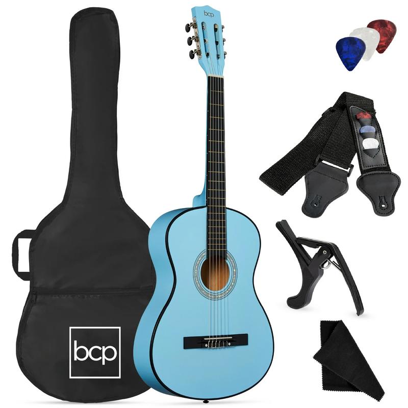 38in Beginner Acoustic Guitar Starter Kit w  Gig Bag, Strap, Strings - Matte Black, Light Blue, Dark Brown - SUNSET INSTRUMENTS