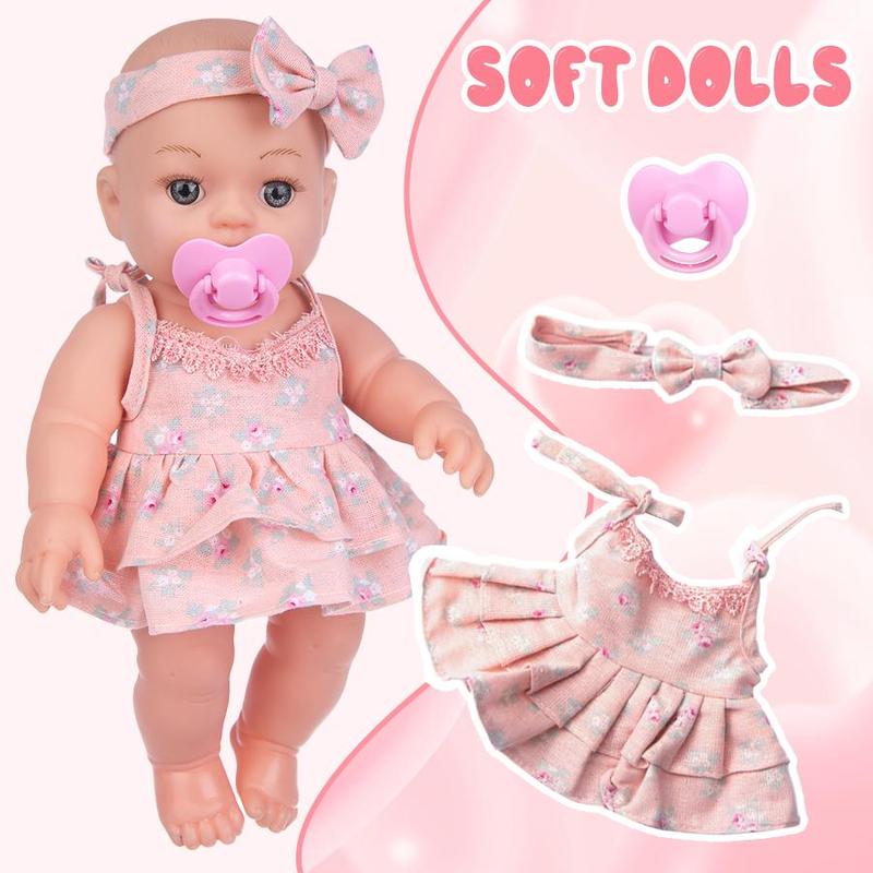 12 Inch Soft Doll with Pacifier & Clothes & Bowknot & Shoes, 1 Set Cute Doll for Girls, Birthday Gift for Kids