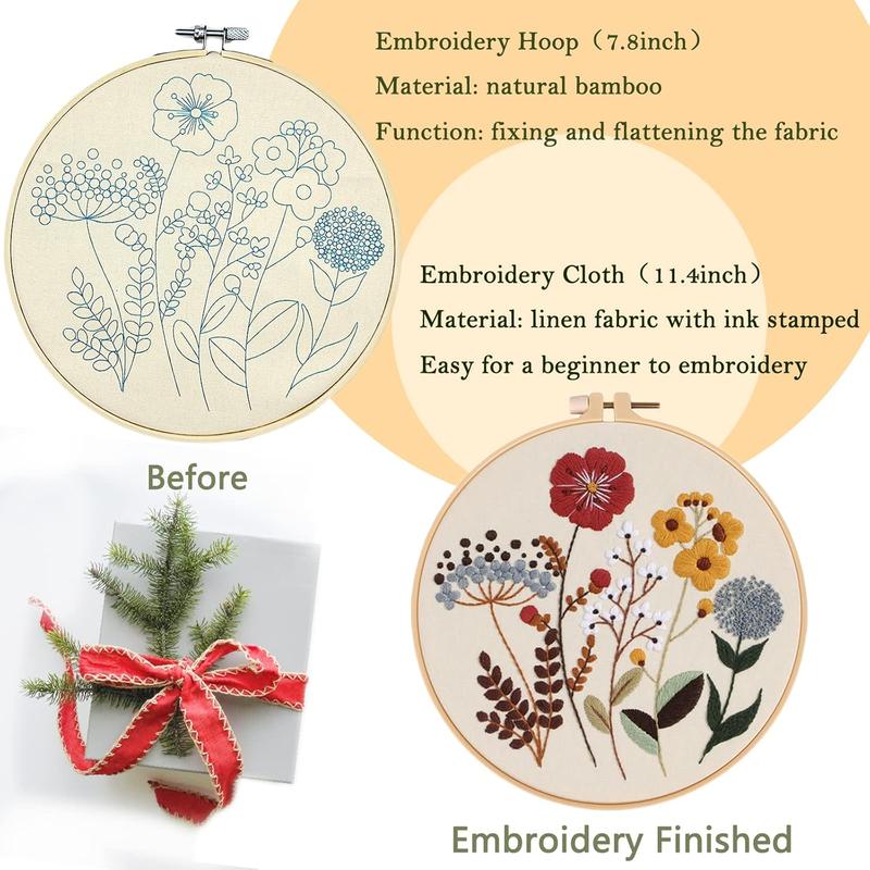 Picoey Flower Embroidery Kit for Beginners with Pattern and Instructions,4 Pack Cross Stitch Kits,2 Wooden Embroidery Hoops,Threads and Needles,Needlepoint Kit for Adults