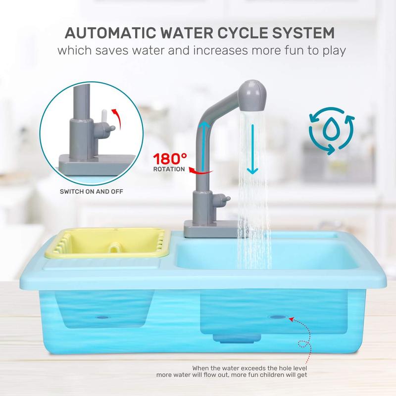 CUTE STONE Color Changing Kitchen Sink Toys Heat Sensitive Electric Dishwasher Playing Toy with Running Water, Automatic Water Cycle System