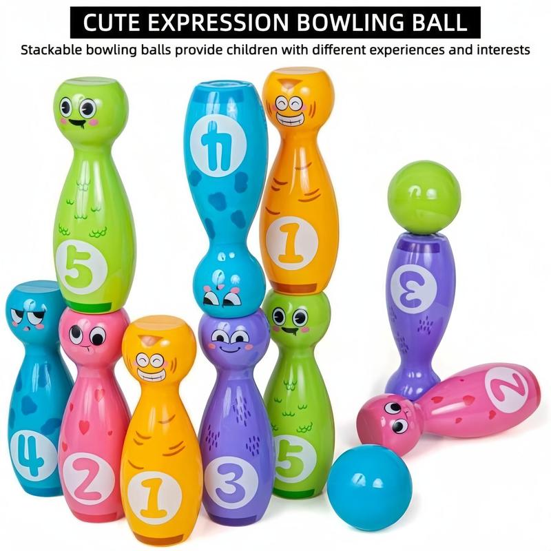 Cartoon Bowling Ball Toy, 1 Set Cute Expression Bowling Ball, Including 10 Bottles & 2 Balls, Birthday Gift