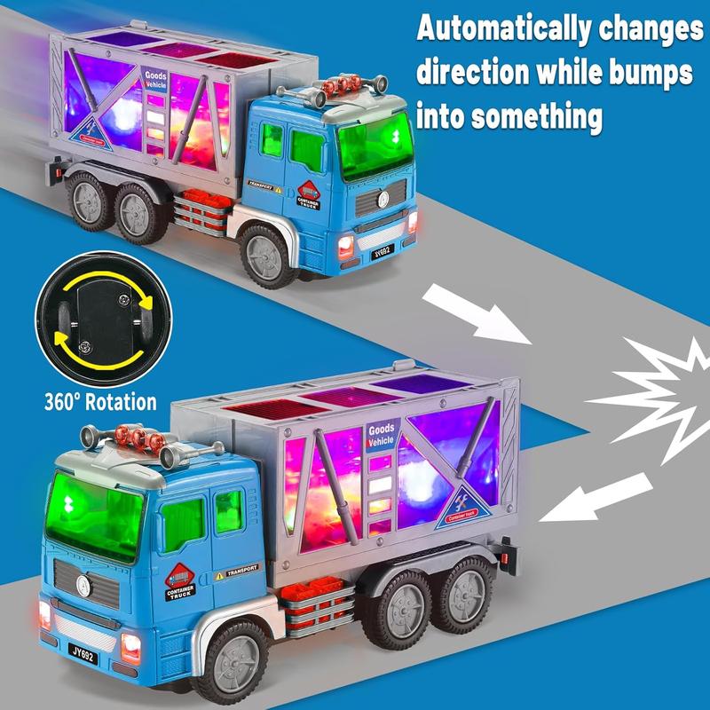 Toy Fire Truck- Garbage Truck- Construction Excavator Toys- Container Truck Toy Cars for Toddlers Boys 1-3 4-7 Birthday Gifts, Truck Car Toys with 4D Lights & Sounds- Automatic Bump Go Container Truck