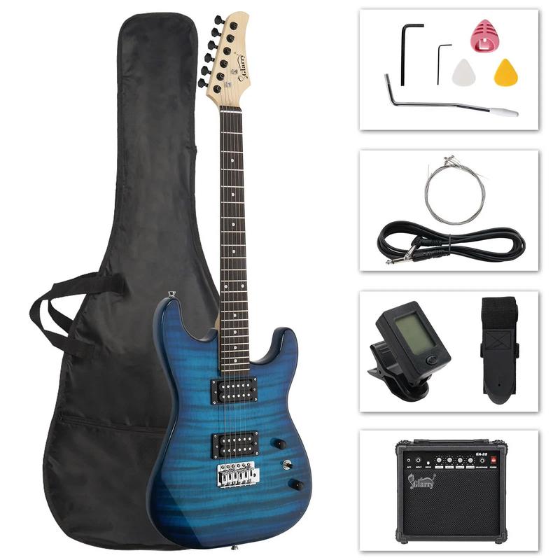 39in Full Size Beginner Electric Guitar Starter Kit w Case, 20W Amp, Black, Blue - YOUTH MUSIC