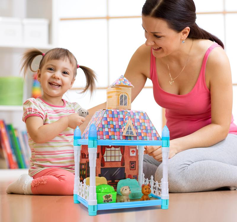 Glow-In-The-Dark Dollhouse With A Colorful Double-Layered Roof,Two Pieces of Furniture, Two Puppies, and Six Potted Plants,Toys Suitable for Playing House gift for mom mother's day