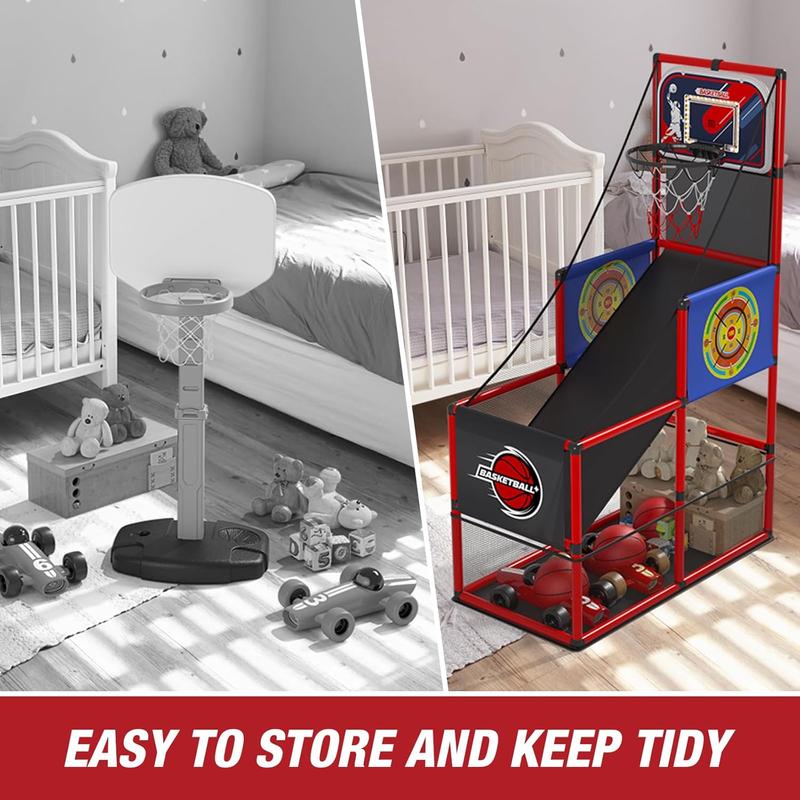 2 in 1 Basketball Arcade Game with 2 Dart Boards Electronic Scoreboard LED Light, Single Shot Kids Basketball Hoop for Home Indoor Outdoor, Sport Toys Gifts for Boys Girls Ages 3-12 Years Old
