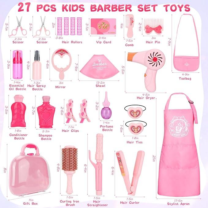 27-Piece Girls Salon Pretend Play Set, Role Play Hairstyle Set with Hair Dryer, Barber Apron and Styling Accessories Toys for Girls Ages 3-9 unicorn bag