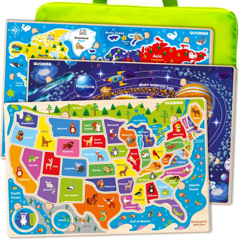 QUOKKA 3 Set Wooden Puzzles for Toddlers | Kids  Maps, Space Learning Toys