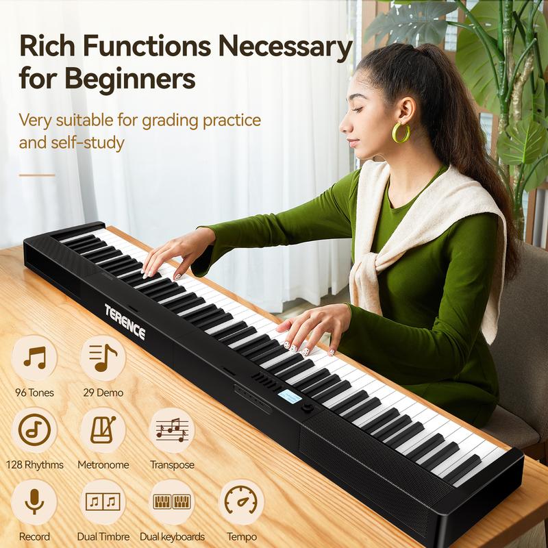 TERENCE Piano Keyboard, 88 Key Full Size Weighted Folding Piano Keyboard, Digital Keyboard Piano with 2X5W Speakers, Music Stand, Keyboard Stickers, Earphones and Sustain Pedal