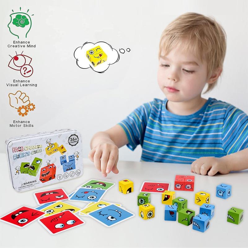 Wooden Face Changing Magic Cube Building Blocks Game Matching Expression Puzzle Toy Board Games for Family Night, Match Puzzles Geometric Educational Toys for Kids and Adults