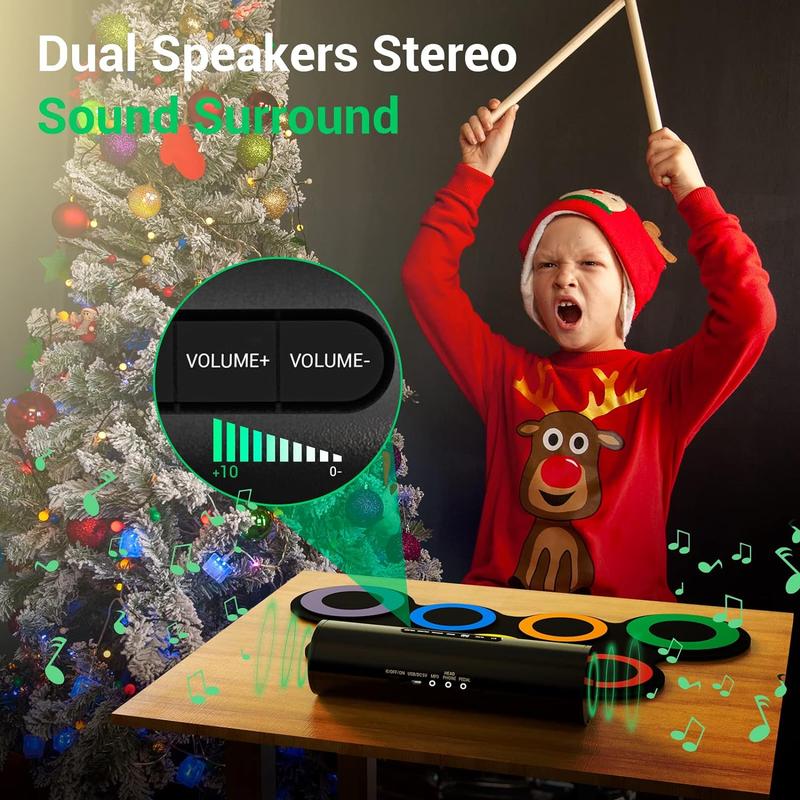 「Black Friday」Electronic Drum Set, Christmas Gifts, Roll-Up Drum Practice Pad Drum Kit 10 Hours Playtime